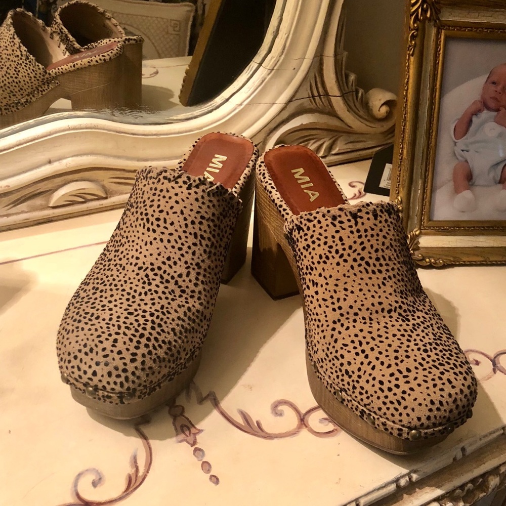MIA cheetah print clogs